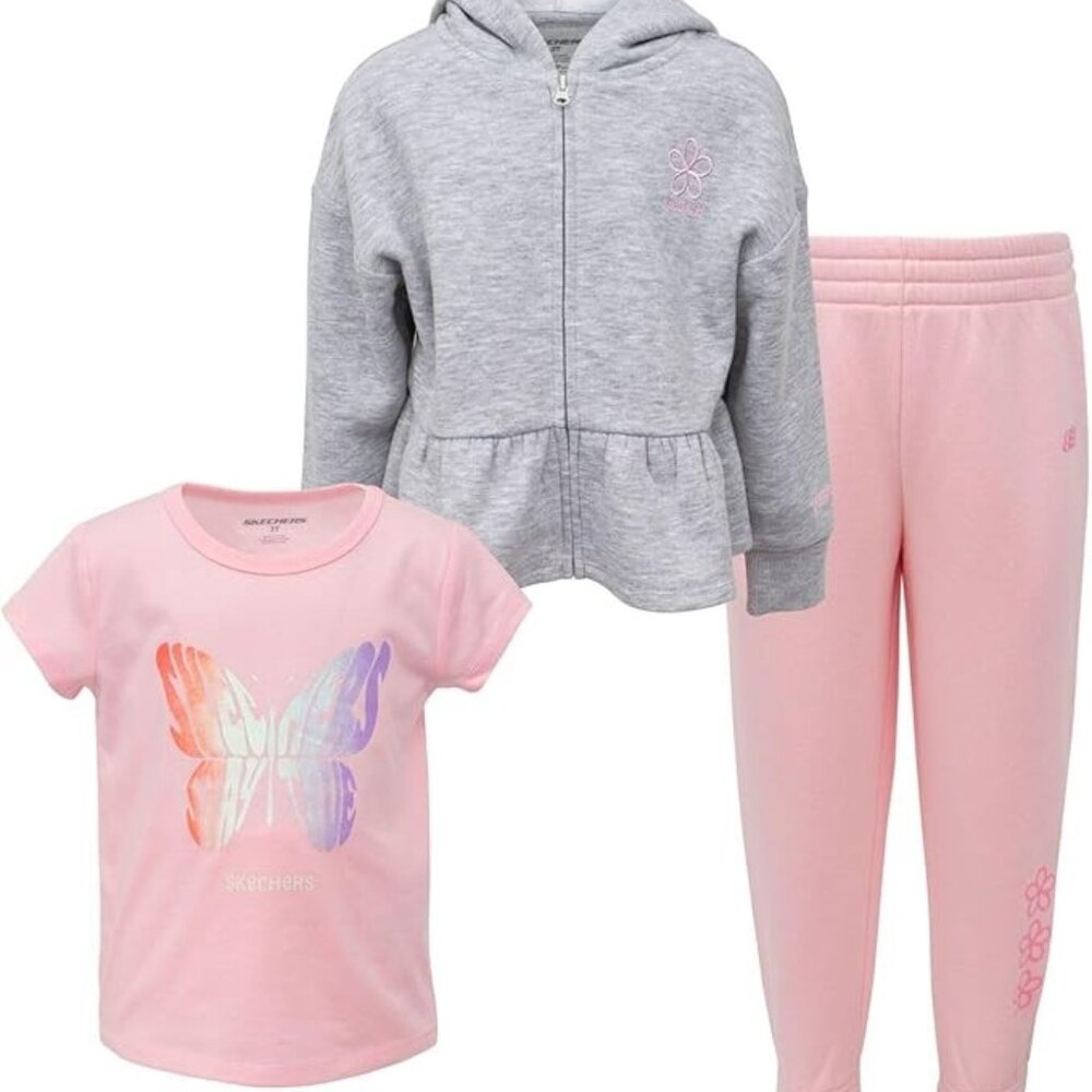 NWT Skechers 2T 3-Piece Set Zip-up Hoodie & Fleece Jogger Pants & Tee Pink Gray